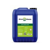 A container by Direct Chems, featuring a blue design with a green and white label, presents their eco-friendly 20% Acetic Acid (Vinegar) as an effective weed killer. It includes safety warnings and a QR code for quick information access.
