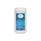 A white container of Stabilised Chlorine Granules, featuring a blue label with an image of a swimming pool, holds 1kg for efficient disinfection of pools and spas.