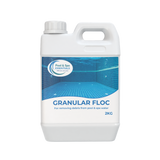 A 2kg white plastic container marked "Granular Floc" features a blue pool image. Manufactured by Pool & Spa Essentials, this pool chemical effectively enhances water clarity by eliminating debris from both pool and spa water.