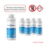 Image of multiple white bottles labeled Caustic Soda (Sodium Hydroxide) from Direct Chems, showcasing UN-approved packaging and health and safety standard icons. This potent cleaning agent features warnings stating it is not for resale and is not intended for individuals under 18.