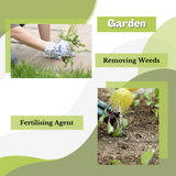 Collage titled Garden with two images: one of a gloved hand using Direct Chems' 20% Acetic Acid (Vinegar) eco-friendly weed killer to pull weeds from grass, and another showing a fertilizer being applied to plants. Text labels read Removing Weeds and Fertilising Agent. Green and white background design.