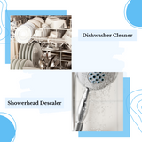 A collage of two images: on top, a dishwasher filled with sparkling dishes labeled Citric Acid; below, a showerhead with water spraying, highlighting the power of this natural cleaner for effective descaling. The background features white and blue abstract designs.