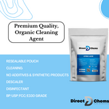 The product image for Citric Acid from Direct Chems features a resealable pouch containing a premium, additive-free, and organic natural cleaning agent. This powerful formula is highly effective for cleaning tasks such as descaling and removing limescale, making it an essential tool for disinfecting.