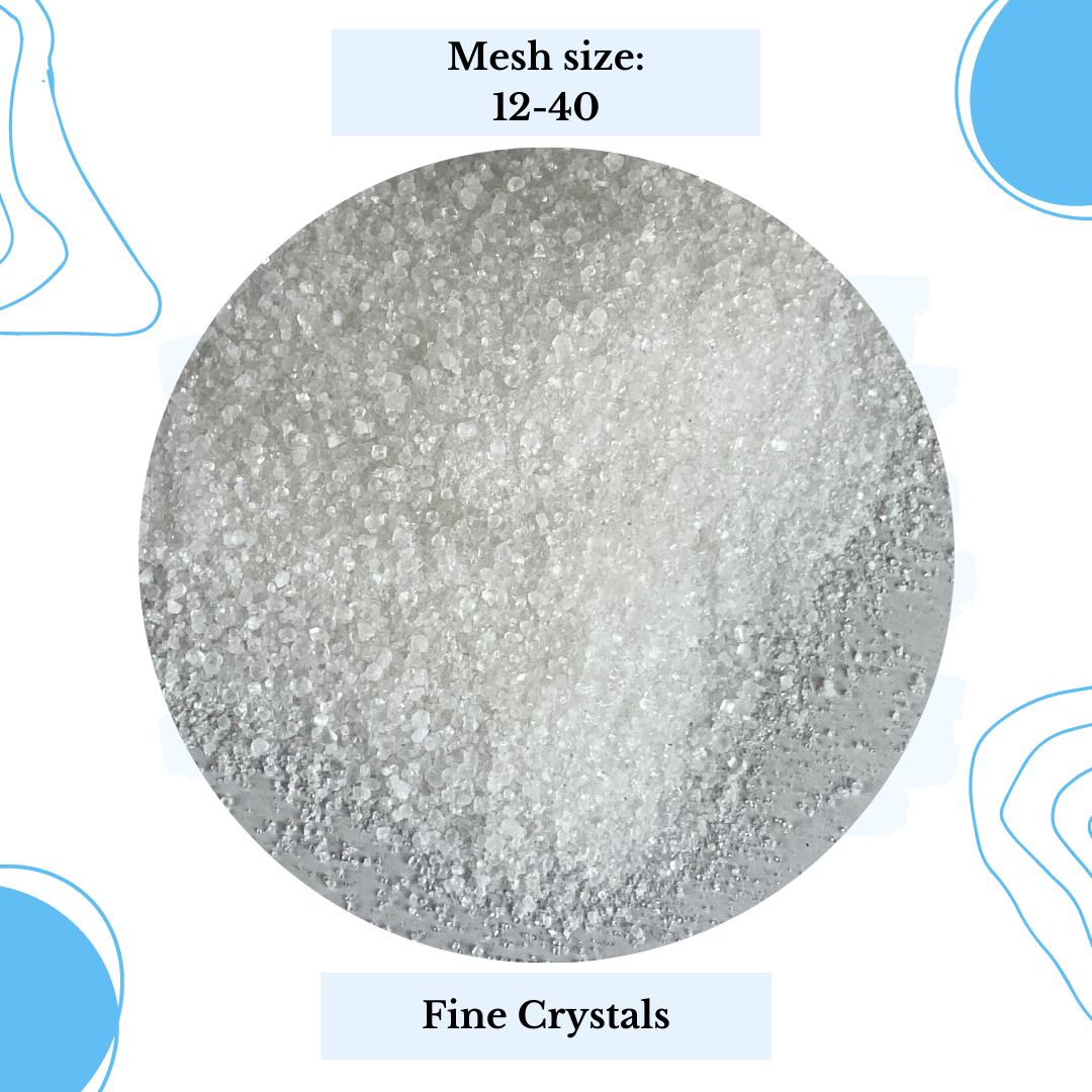 A close-up circular image highlights the fine white crystals of Citric Acid with a mesh size ranging from 12 to 40. Against a backdrop of abstract blue shapes that underscore its function as a natural cleaning agent, text above states "Mesh Size: 12-40" and below the circle reads "Fine Crystals.
