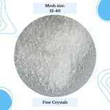 A close-up circular image highlights the fine white crystals of Citric Acid with a mesh size ranging from 12 to 40. Against a backdrop of abstract blue shapes that underscore its function as a natural cleaning agent, text above states "Mesh Size: 12-40" and below the circle reads "Fine Crystals.