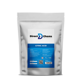 A sealed silver pouch labeled with the product name "Citric Acid" from Direct Chems contains this natural cleaning agent. The front displays safety information, a QR code, and details such as the net weight of 1 KG and the batch number, making it perfect for removing limescale.