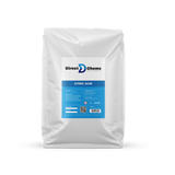 A 25 kg net weight white plastic bag from Direct Chems, featuring various text and icons, and labeled "Citric Acid," is perfect for limescale removal. The packaging includes product details and safety information, emphasizing its function as a natural cleaning agent.