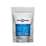 Silver foil package labeled with Direct Chems, containing Citric Acid, a natural cleaning agent that is perfect for limescale removal. The package has a net weight of 5kg and features a sleek blue and white design that includes safety, storage, and contact information on the label.