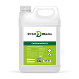 A white plastic container from Direct Chems, featuring a green label that displays the soluble fertilizer Calcium Nitrate. The label includes safety symbols, usage instructions, and product details designed to enhance crop foliage health. The container is equipped with a carrying handle and a spout for easy pouring.