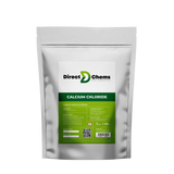 A silver, resealable package labeled with the product name "Calcium Chloride" from Direct Chems prominently displays hygroscopic flakes. The package includes key details such as the weight (1 kg) and usage instructions for plants and industrial applications.