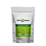 A silver foil pouch labeled with the product name Calcium Chloride from Direct Chems contains hygroscopic flakes in a 5 kg pack. The green and white label features usage instructions, a QR code, and notes its suitability for various industrial applications.