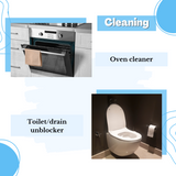 A split image for Direct Chems cleaning products. The top left displays an open oven with the text "Oven cleaner," while the bottom right shows a toilet with a paper roll alongside the text "Toilet/drain unblocker." Blue and white design elements in the background subtly suggest powerful cleaning agents like Caustic Soda (Sodium Hydroxide).