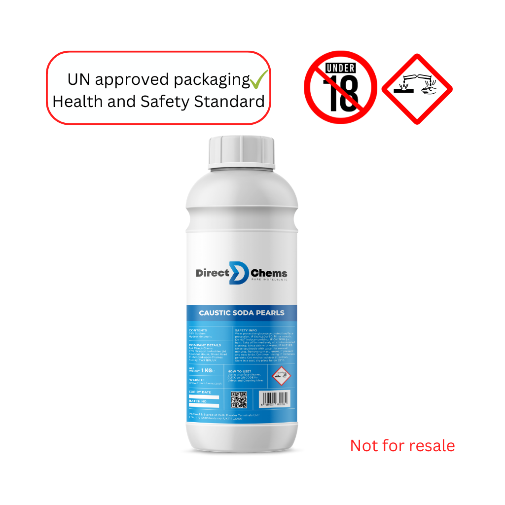 A white bottle from Direct Chems prominently displays Caustic Soda (Sodium Hydroxide) with safety warnings: UN approved packaging, Under 18 restriction, hazard symbol, and Not for resale notice. The label includes blue text and graphics emphasizing its effectiveness as a powerful cleaning agent.