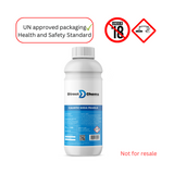 A white bottle from Direct Chems prominently displays Caustic Soda (Sodium Hydroxide) with safety warnings: UN approved packaging, Under 18 restriction, hazard symbol, and Not for resale notice. The label includes blue text and graphics emphasizing its effectiveness as a powerful cleaning agent.