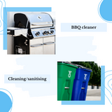 Collage of images: In the top left, a shiny BBQ grill is showcased with the label 'BBQ cleaner.' The bottom right features blue and green recycling bins on a sidewalk with the caption 'Cleaning/sanitising, highlighting the efficacy of Direct Chems' Caustic Soda (Sodium Hydroxide).' Blue and white abstract shapes frame the images.