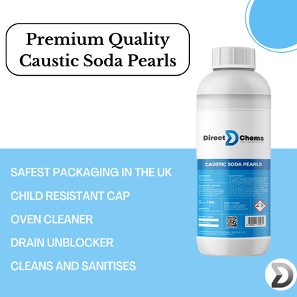 This image displays a bottle of Direct Chems Caustic Soda (Sodium Hydroxide) Pearls, featuring the safest packaging available in the UK. It includes a child-resistant cap and is highlighted as a versatile cleaning agent ideal for oven cleaning and unblocking drains. The product effectively cleans and sanitises, with "Premium Quality Caustic Soda Pearls" prominently noted at the top.