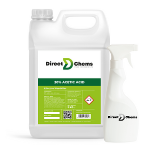 A white bottle with a green label for Direct Chems' 20% Acetic Acid (Vinegar) weedkiller, an eco-friendly solution, includes usage instructions, safety information, and a hazard symbol on the label.