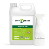 Direct Chems offers two containers of their 20% Acetic Acid (Vinegar): a large 5 kg jug with a green label and a smaller spray bottle. The label highlights its effectiveness as an eco-friendly weed killer, akin to white vinegar, and provides safety information.