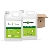 Two containers of Direct Chems' 20% Acetic Acid (Vinegar), identified by their eco-friendly formula and effective weed-killer properties, stand in front of a brown cardboard box bearing the same brand logo. These white containers have green labels, safety warnings, and handles on top.