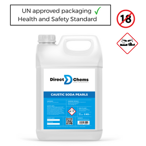 A white bottle from Direct Chems prominently displays Caustic Soda (Sodium Hydroxide) with safety warnings: UN approved packaging, Under 18 restriction, hazard symbol, and Not for resale notice. The label includes blue text and graphics emphasizing its effectiveness as a powerful cleaning agent.