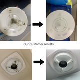 A collage showcases before-and-after images. The top pair features a dirty circular ceiling fixture transformed into a pristine one using Direct Chems' Caustic Soda (Sodium Hydroxide). The bottom pair displays a soiled air vent beside its revitalized version. Text reads: Results from Our Customers.