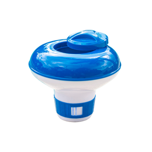 The Floating Dispenser (Small) by Direct Chems is a blue and white chlorine bromine dispenser featuring a round top and an adjustable vent for chemical release, ideal for keeping your hot tub or swimming pool water clean.