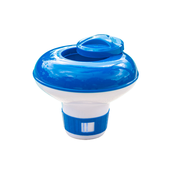 The Floating Dispenser (Small) by Direct Chems is a blue and white chlorine bromine dispenser featuring a round top and an adjustable vent for chemical release, ideal for keeping your hot tub or swimming pool water clean.