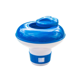 The Floating Dispenser (Small) by Direct Chems is a blue and white chlorine bromine dispenser featuring a round top and an adjustable vent for chemical release, ideal for keeping your hot tub or swimming pool water clean.