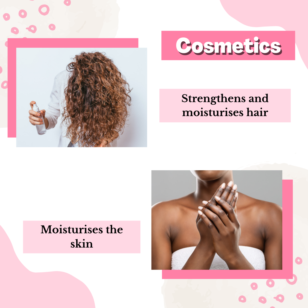 A collage with two images: the top shows a person with curly hair applying Direct Chems Castor Oil, labeled Strengthens and moisturizes hair. The bottom image features a person applying cold-pressed lotion to their hands, labeled Moisturizes the skin.