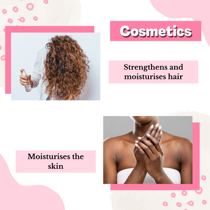 A collage with two images: the top shows a person with curly hair applying Direct Chems Castor Oil, labeled Strengthens and moisturizes hair. The bottom image features a person applying cold-pressed lotion to their hands, labeled Moisturizes the skin.