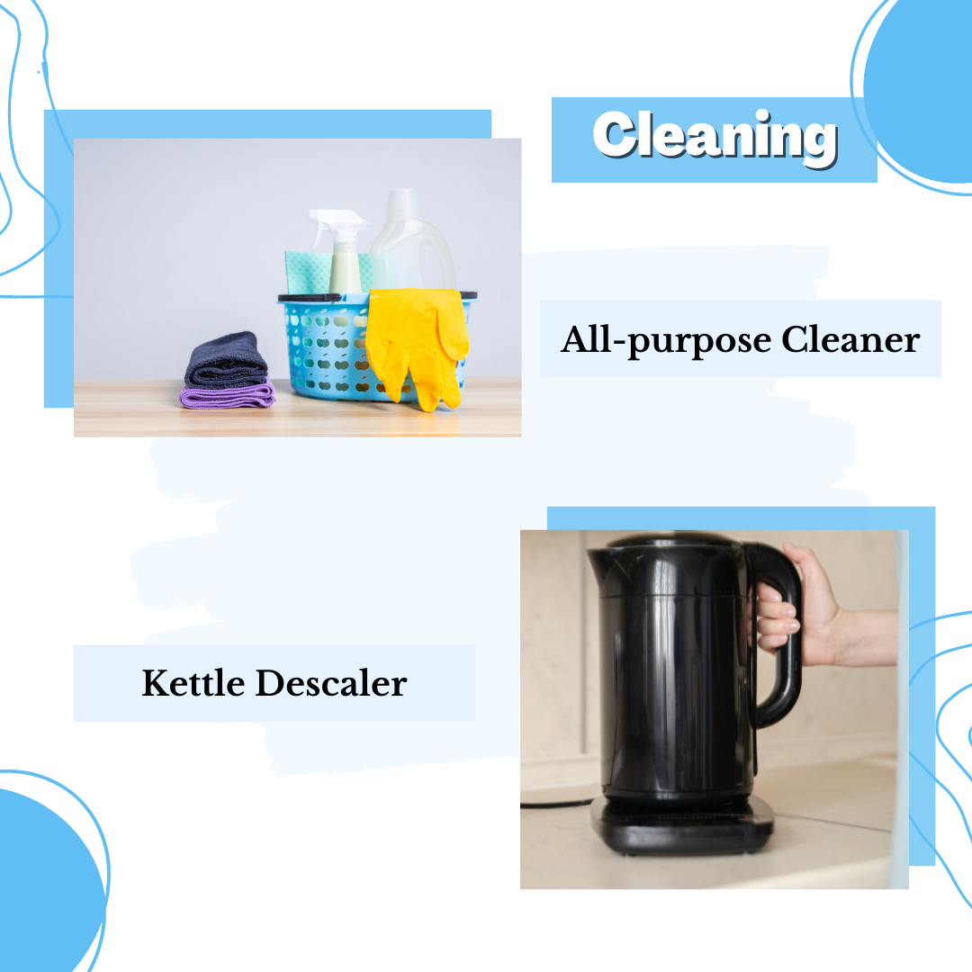 A collage showcasing cleaning essentials: The top image highlights a basket of supplies labeled All-purpose Cleaner, featuring cloths and yellow gloves. Below, a hand holds a black kettle marked Kettle Descaler with Citric Acid, emphasizing its effective limescale removal using natural cleaning agents.