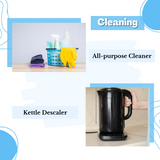 A collage showcasing cleaning essentials: The top image highlights a basket of supplies labeled All-purpose Cleaner, featuring cloths and yellow gloves. Below, a hand holds a black kettle marked Kettle Descaler with Citric Acid, emphasizing its effective limescale removal using natural cleaning agents.