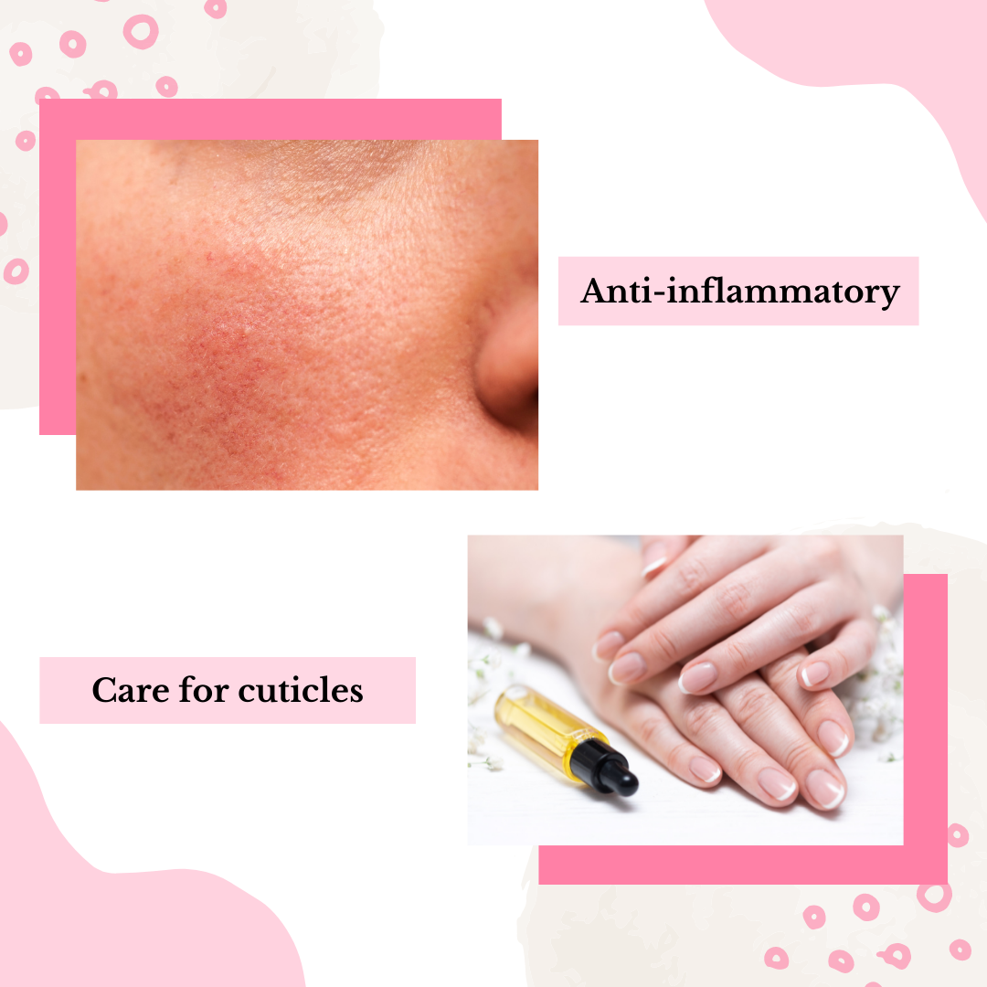 Image featuring dual sections. Top left: a close-up of skin displaying redness, labeled with "Anti-inflammatory," emphasizing the calming effects of Direct Chems Castor Oil. Bottom right: manicured hands alongside a dropper bottle labeled "Care for Cuticles." The background displays abstract designs in pink and white.