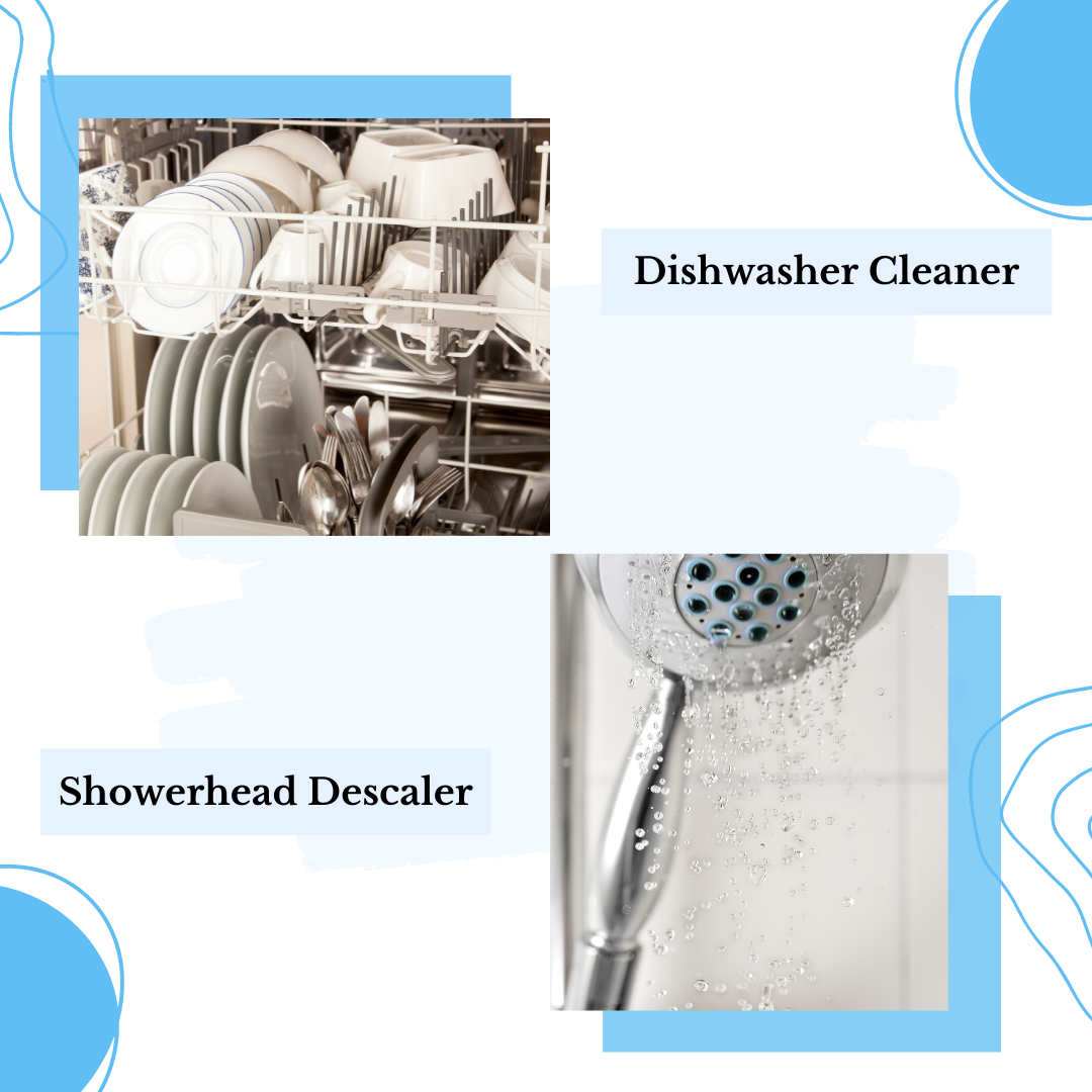 A collage of two images: on top, a dishwasher filled with sparkling dishes labeled Citric Acid; below, a showerhead with water spraying, highlighting the power of this natural cleaner for effective descaling. The background features white and blue abstract designs.
