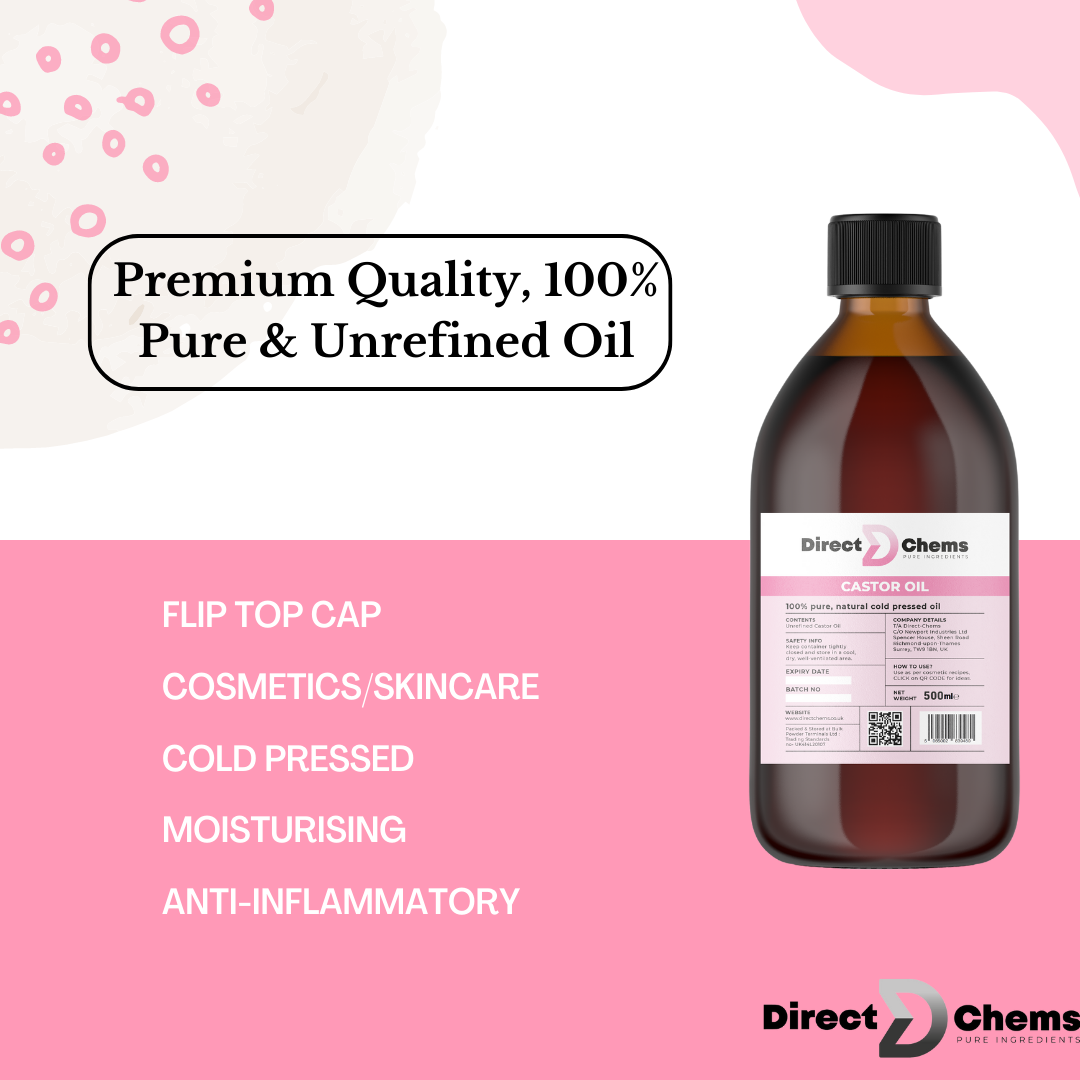 A picture showcasing a bottle of Castor Oil from the brand Direct Chems. The label highlights attributes such as cold pressed, moisturizing, and anti-inflammatory properties, suggesting it is an excellent carrier oil. The text states Premium Quality with 100% Pure &amp; Unrefined Oil against a pink and white background adorned with decorative dots.