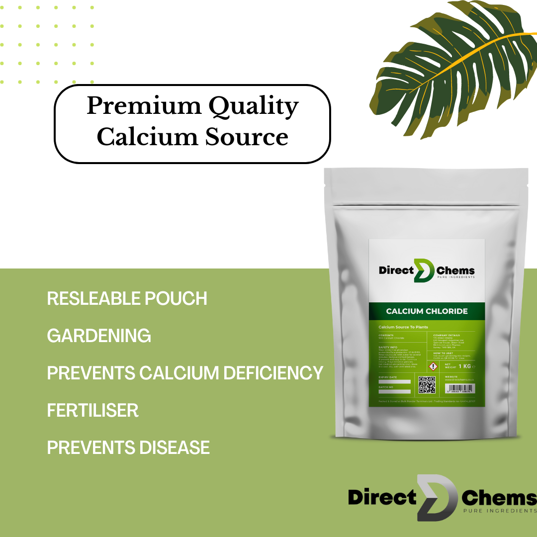 An image showcasing a white resealable pouch is labeled with "Calcium Chloride" by Direct Chems. In the background, the text reads "Premium Quality Calcium Source," highlighting benefits such as "Prevents Calcium Deficiency" and its use as a fertilizer. The design includes a green leaf graphic, emphasizing its suitability for industrial applications with hygroscopic flakes.