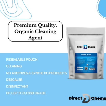 The product image for Citric Acid from Direct Chems features a resealable pouch containing a premium, additive-free, and organic natural cleaning agent. This powerful formula is highly effective for cleaning tasks such as descaling and removing limescale, making it an essential tool for disinfecting.