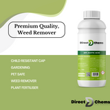 Product advertisement image for Direct Chems' 20% Acetic Acid (Vinegar) infused weed remover. The label highlights its 20% acetic acid content. It includes a child-resistant cap and an eco-friendly, pet-safe formula, functioning as both a weed killer and plant fertilizer. Slogan: Premium Quality Weed Remover.