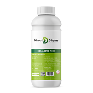 A white bottle with a green label for Direct Chems' 20% Acetic Acid (Vinegar) weedkiller, an eco-friendly solution, includes usage instructions, safety information, and a hazard symbol on the label.