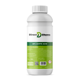 A white bottle with a green label for Direct Chems' 20% Acetic Acid (Vinegar) weedkiller, an eco-friendly solution, includes usage instructions, safety information, and a hazard symbol on the label.
