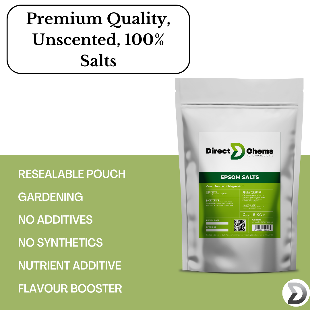 A silver resealable pouch of Direct Chems Epsom Salts, recognized for its high-quality magnesium sulphate, is showcased against a white and green backdrop. The text emphasizes its features: Unscented, 100% Salts and benefits such as Gardening, No Additives, Nutrient Additive.