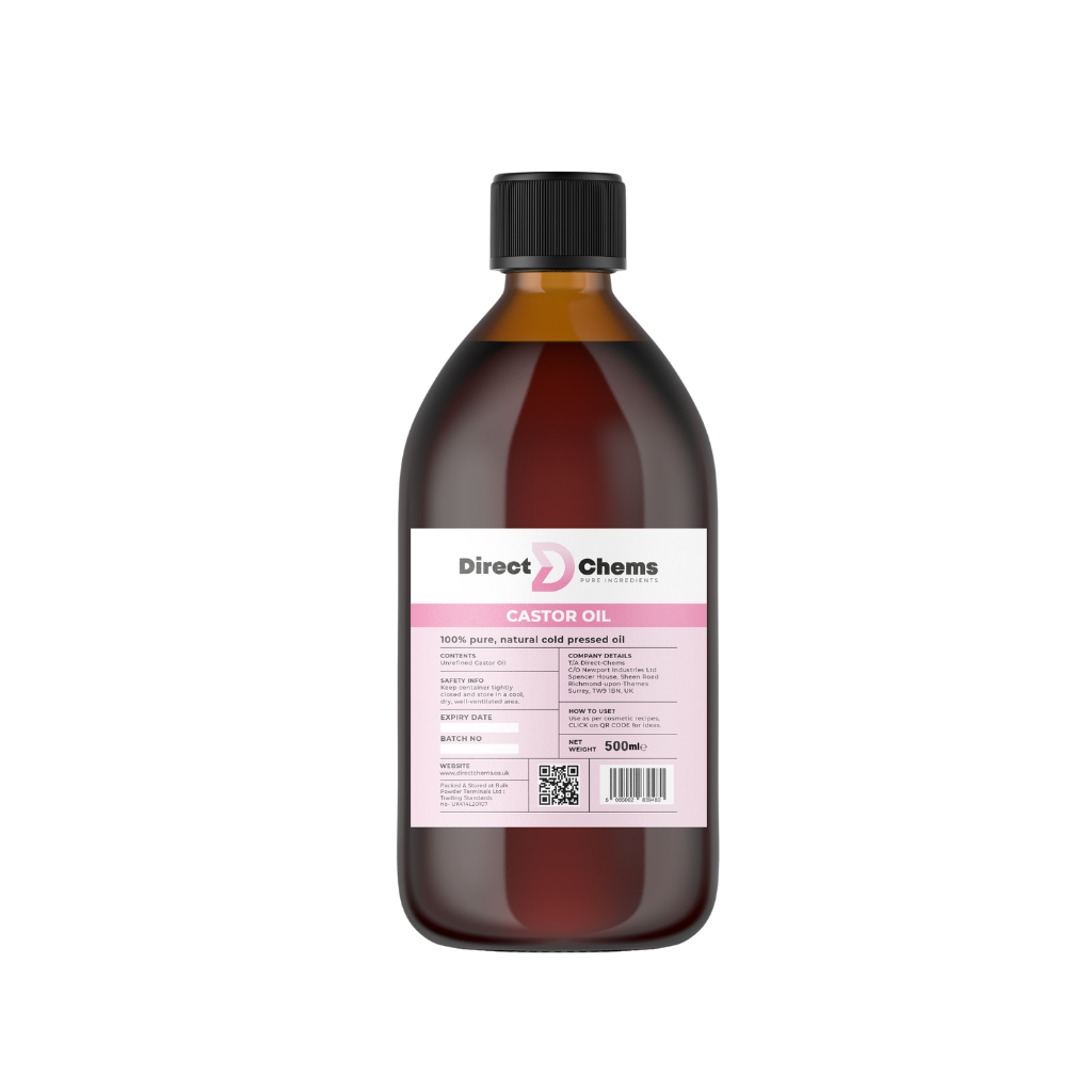 A 500ml bottle of Castor Oil from Direct Chems features a brown container with a black cap and highlights its 100% pure, natural cold-pressed oil. The label provides detailed information along with a QR code for its versatile uses as a carrier oil.