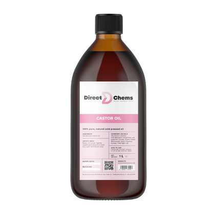 A 1-liter bottle of Direct Chems Castor Oil is ideal as a carrier oil, featuring a label that emphasizes its 100% pure and natural cold-pressed quality, along with safety information and contact details. The packaging is brown with a sleek black cap.