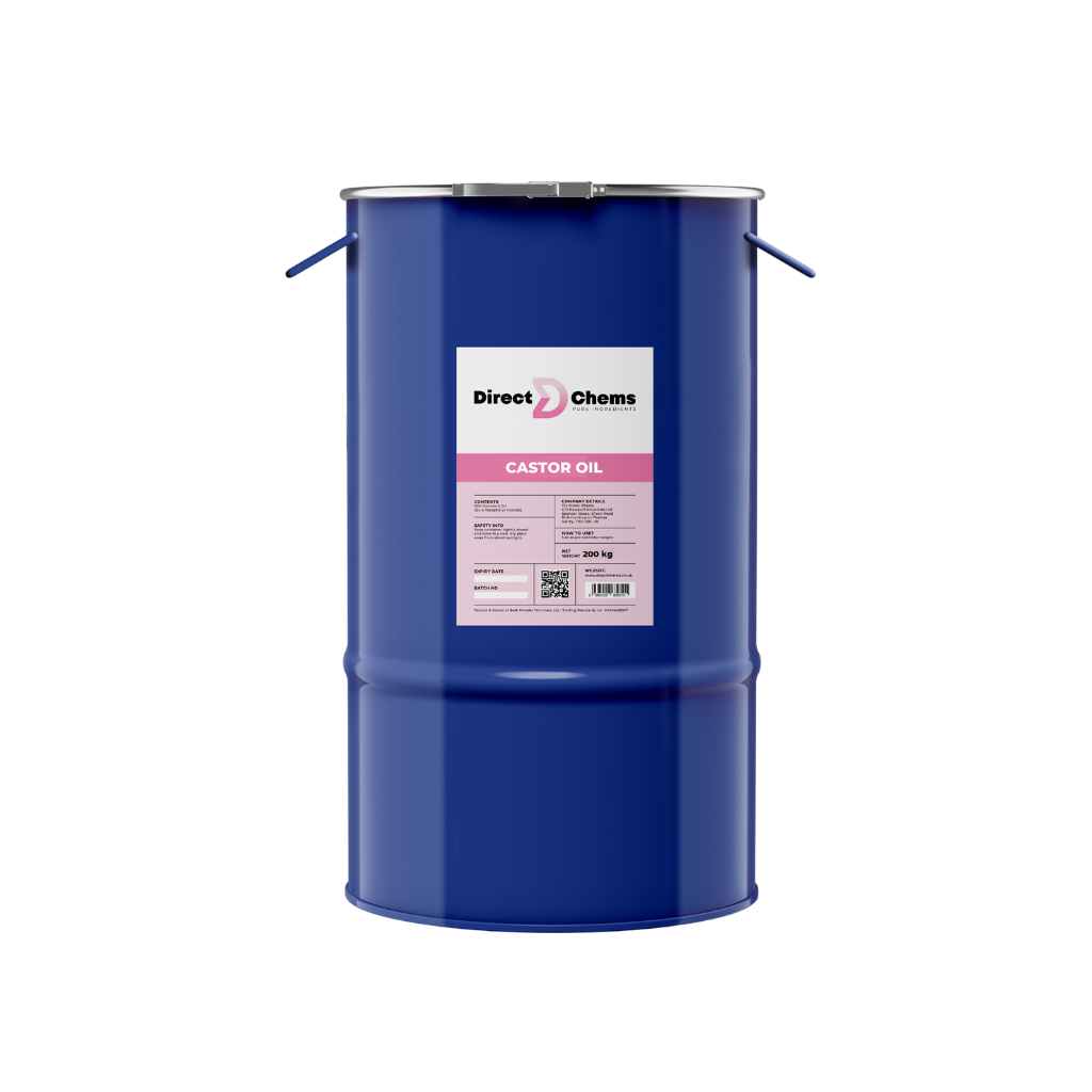 A prominent large blue metal drum from Direct Chems is labeled with Castor Oil, sealed with dual handles, and detailed product information in smaller text assures its quality as cold-pressed castor oil.
