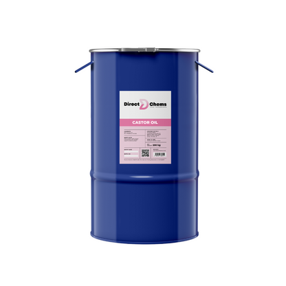 A prominent large blue metal drum from Direct Chems is labeled with Castor Oil, sealed with dual handles, and detailed product information in smaller text assures its quality as cold-pressed castor oil.