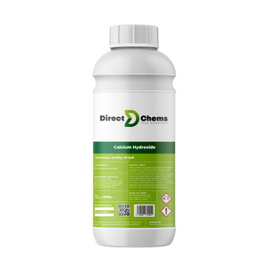 A 500g white bottle from Direct Chems, featuring green accents, contains Calcium Hydroxide, ideal for liming and reducing soil acidity. The label provides safety information, a website, and a QR code.